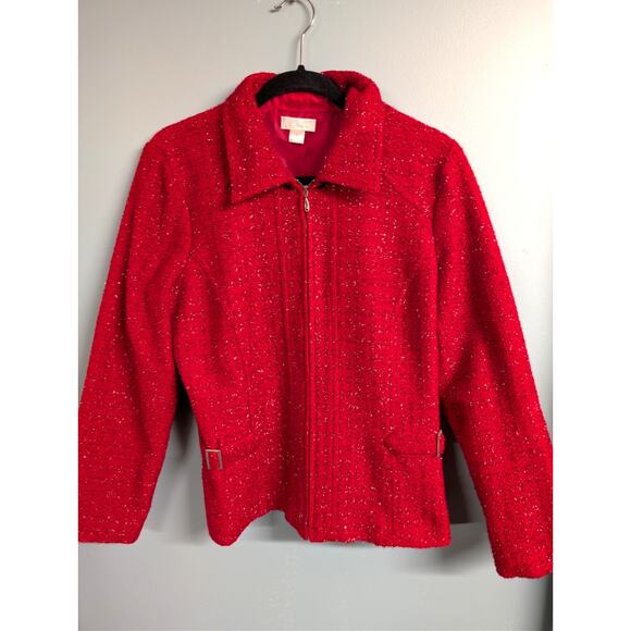 Christopher & Banks Jacket Womens Sz Large Red Sparkle Tweed Like Zip Up - Picture 9 of 9